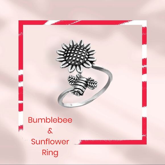 Sterling Silver Bumblebee and Sunflower Ring, Flower Ring, Boho - Picture 2 of 4